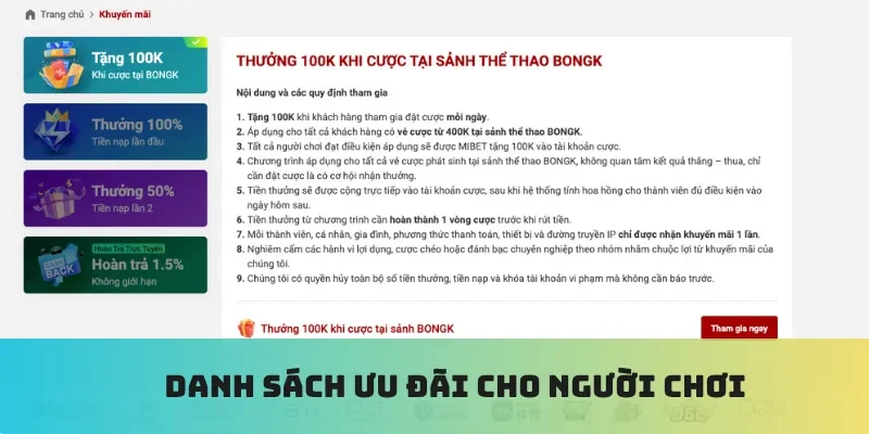 Danh sách ưu đãi cho người chơi
